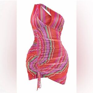 Shape Multi Stripe Mesh Halterneck Ruched Side Bodycon Dress